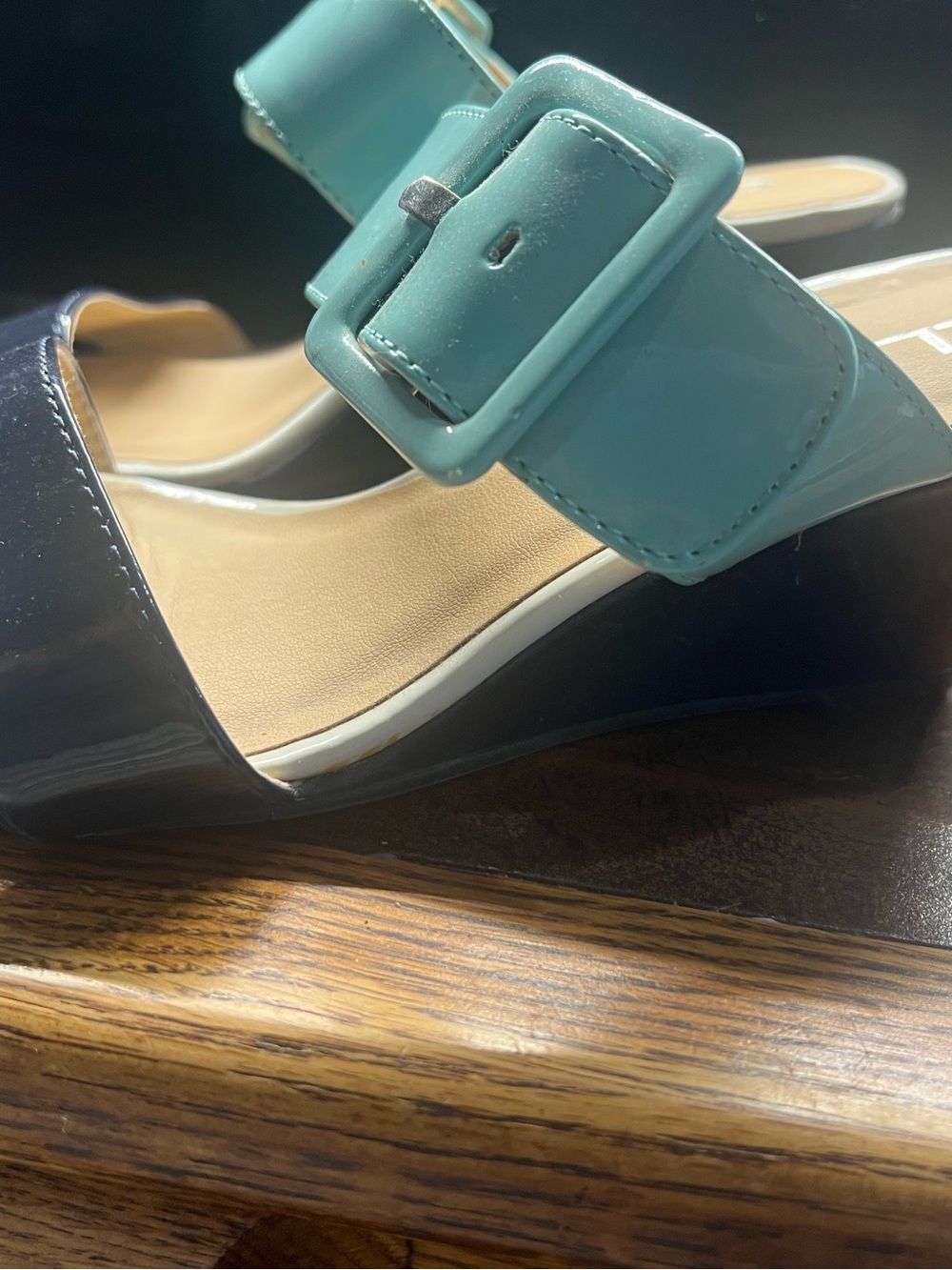 Chinese Laundry Teal Buckle Wedge Sandals with Navy Patent Toe